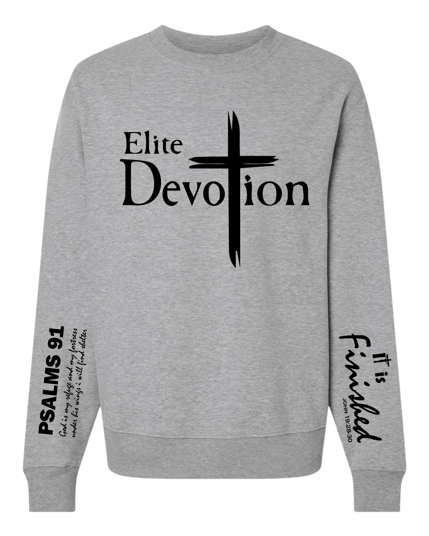 Gray sweatshirt with 'Elite Devotion' text and cross design on a white background