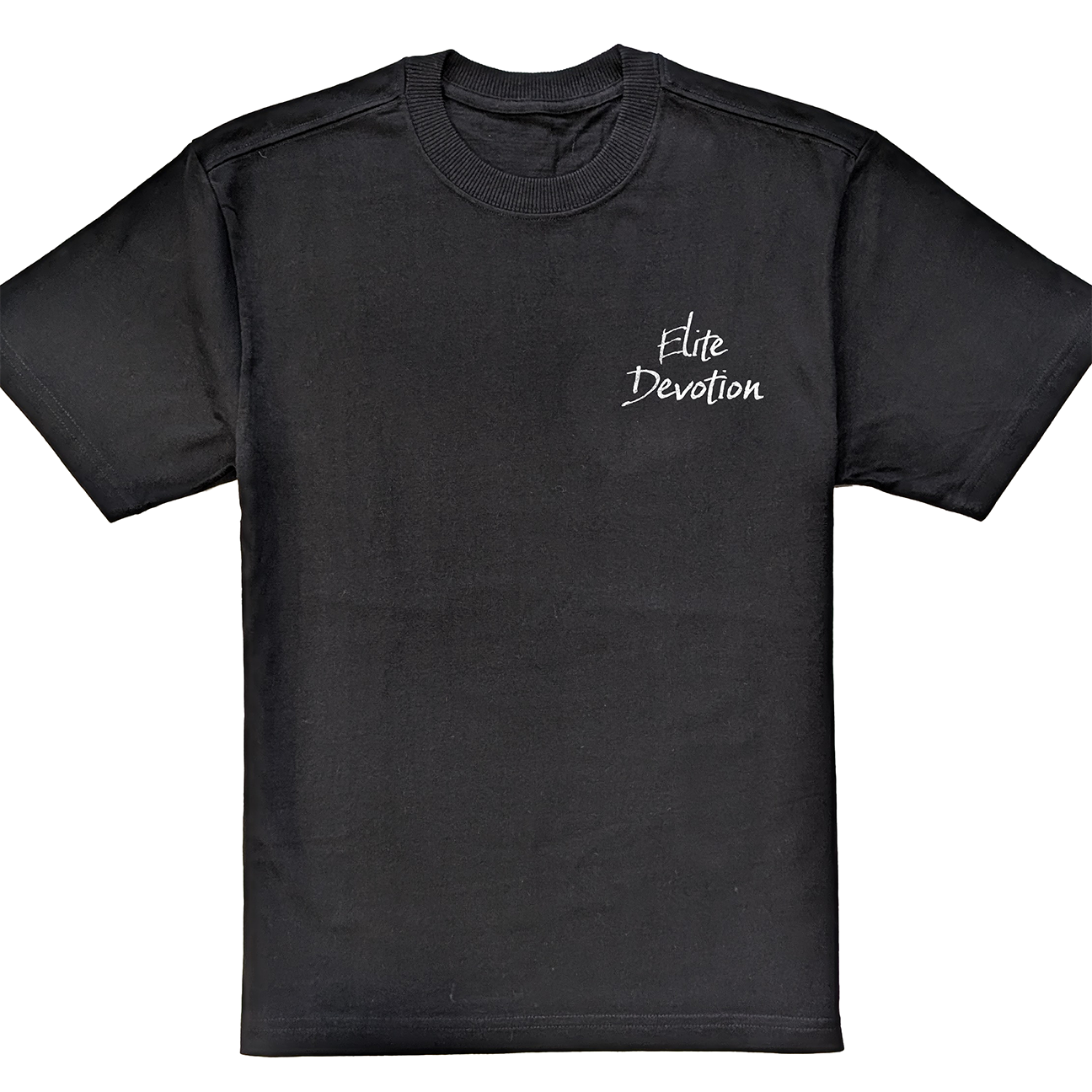 Black t-shirt with 'Elite Devotion' text on a white background
