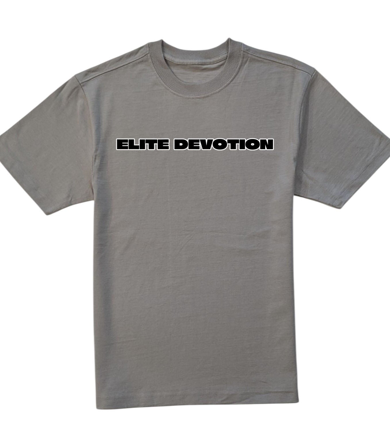 Gray t-shirt with 'ELITE DEVOTION' text on a white background