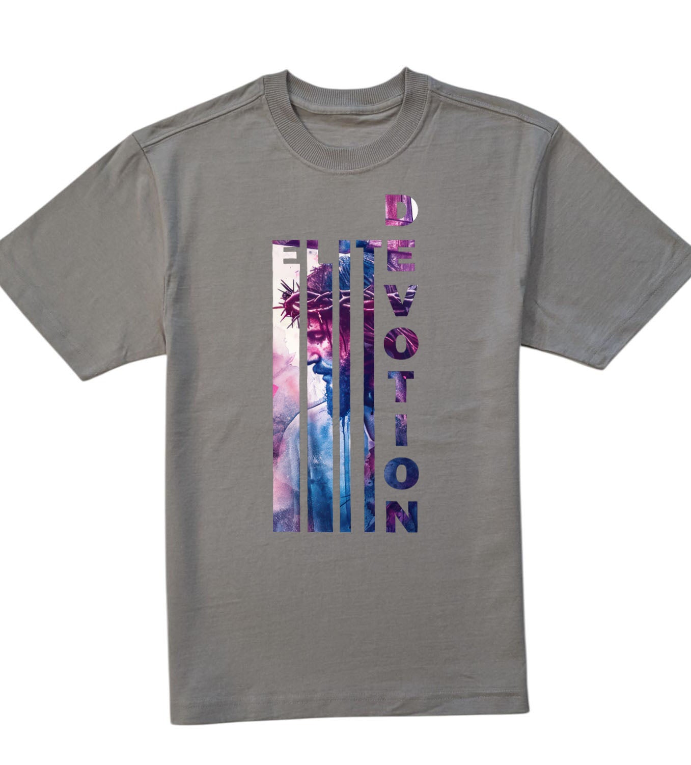 Gray t-shirt with colorful design on a white background