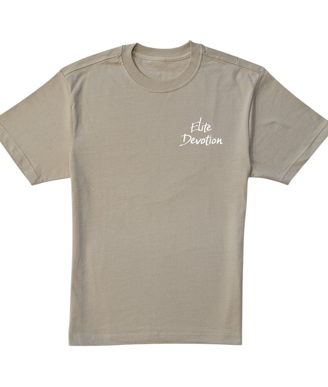 Sand colored t-shirt with 'Elite Devotion' text on a white background