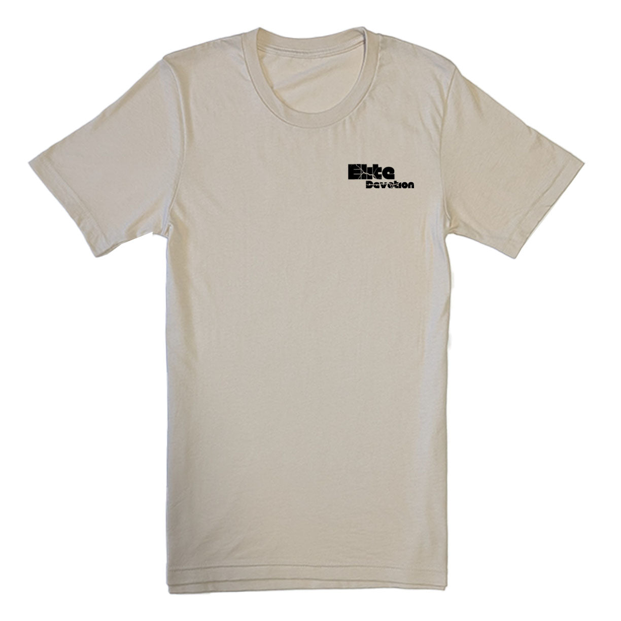 Sand colored t-shirt with black text on a white background
