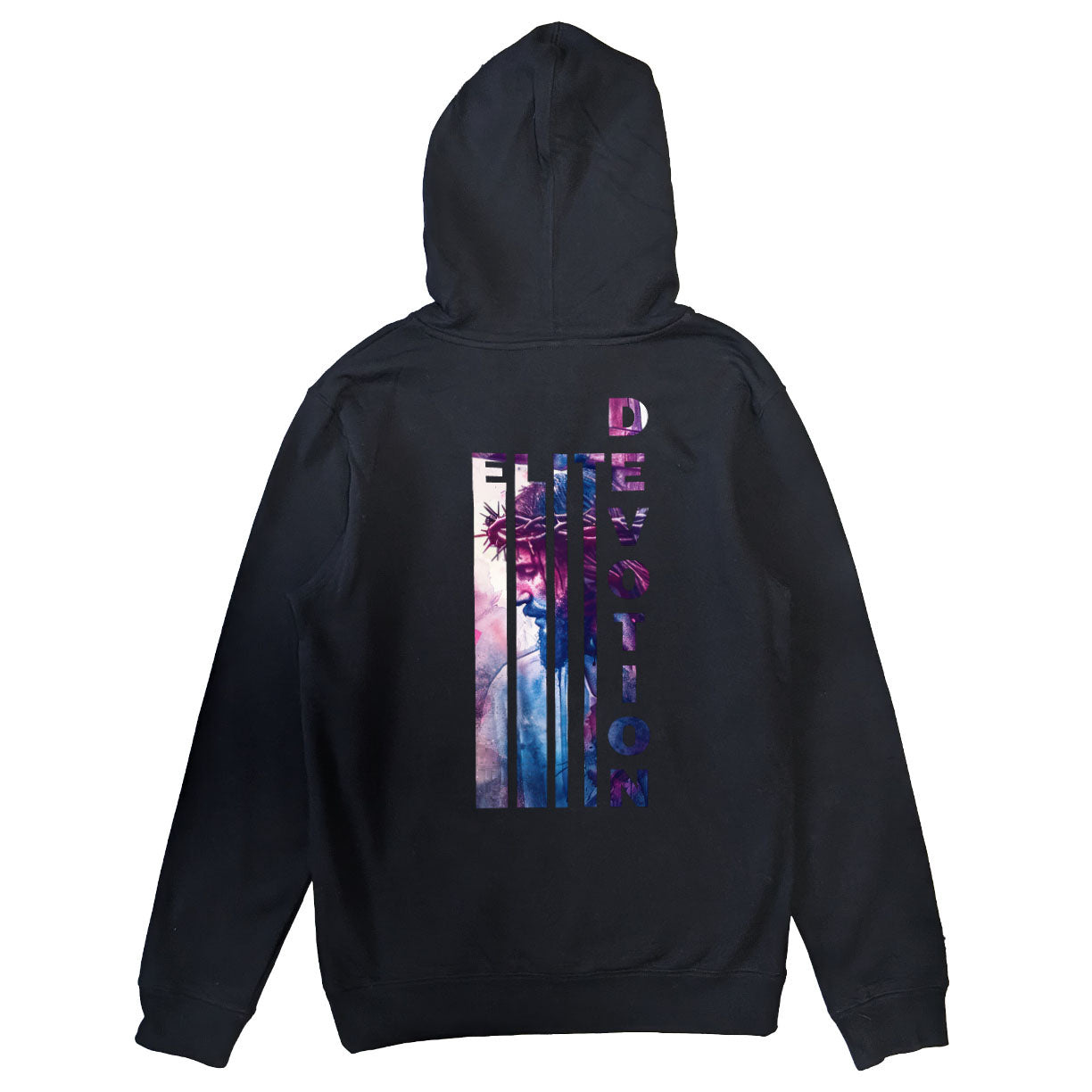 Black hoodie with colorful graphic design on the back against a white background