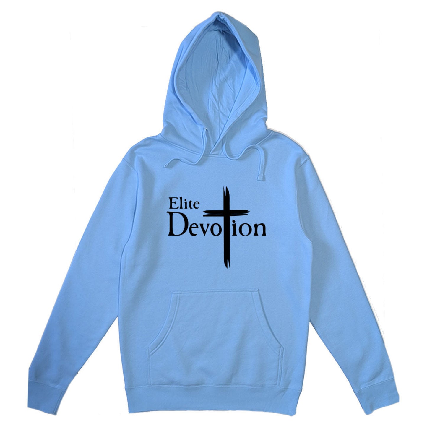 Carolina blue hoodie with 'Elite Devotion' text and cross design on a white background