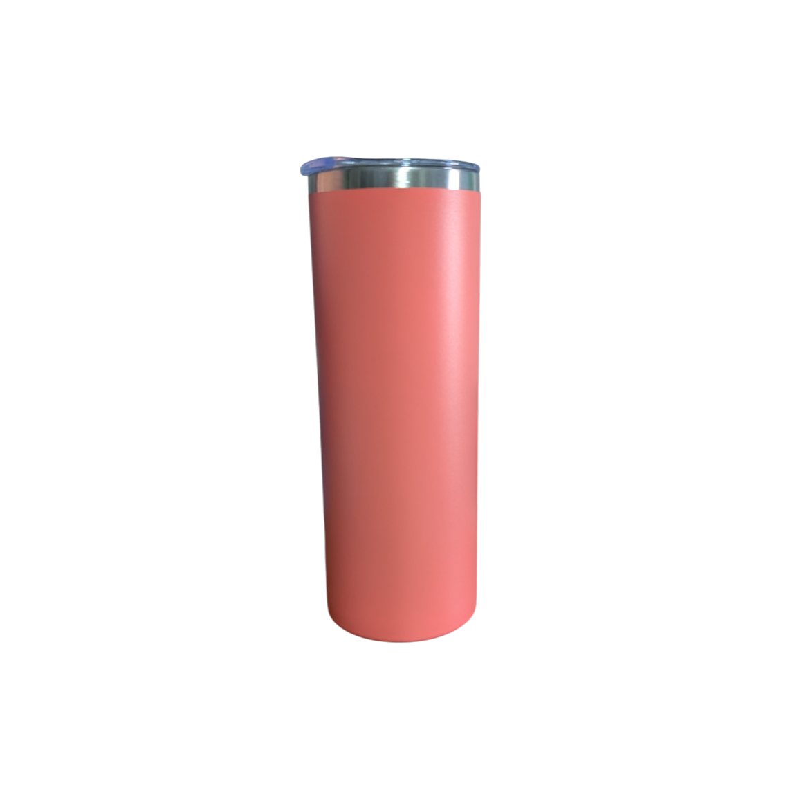 Pink tumbler with a silver rim on a white background