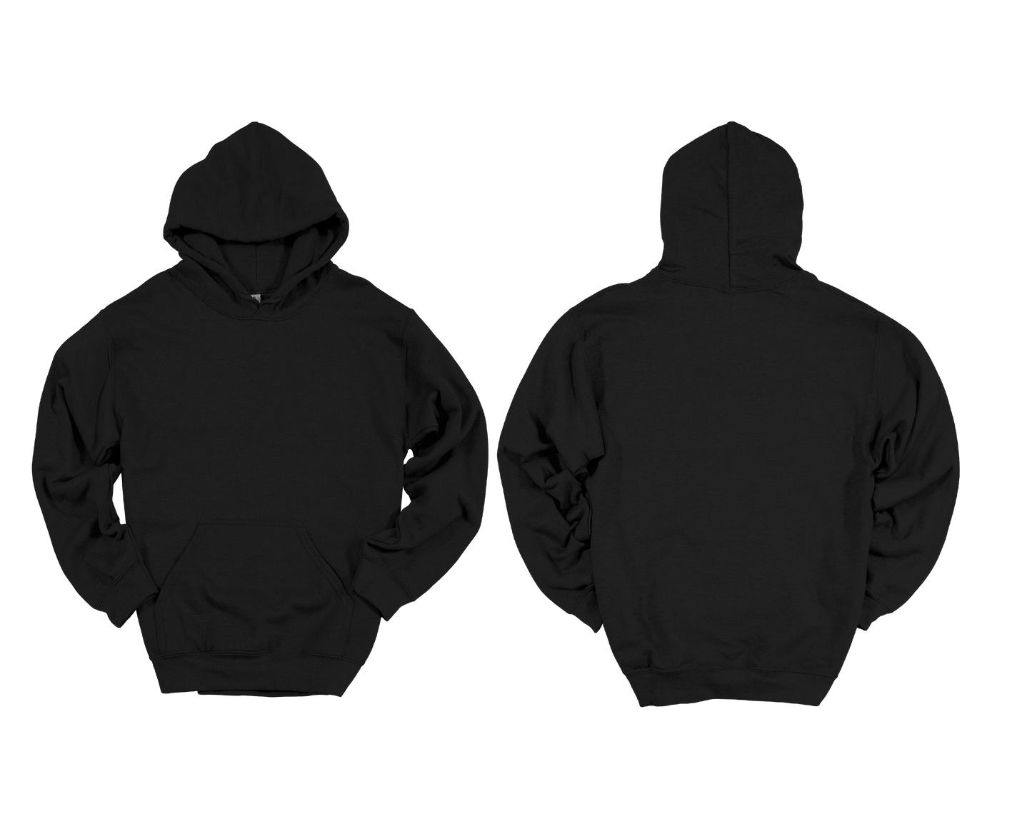 Black hoodie shown from front and back on a white background