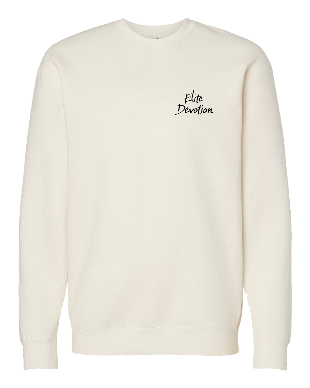 An off-white crewneck sweatshirt with 'Elite Devotion' printed in black script on the left chest, displayed on a clean white background.