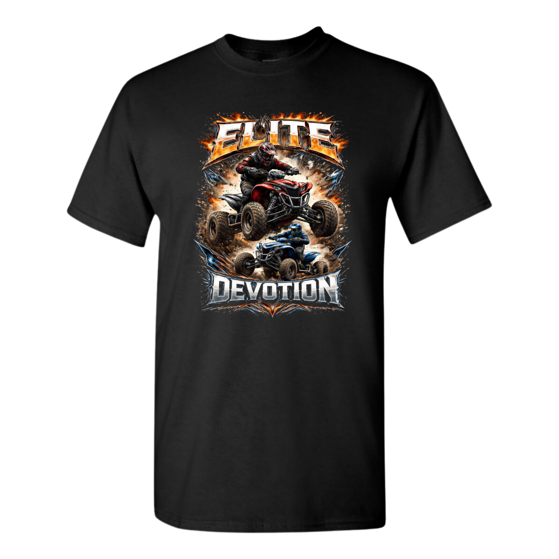Black t-shirt with ATV graphic and 'Elite Devotion' text on a white background