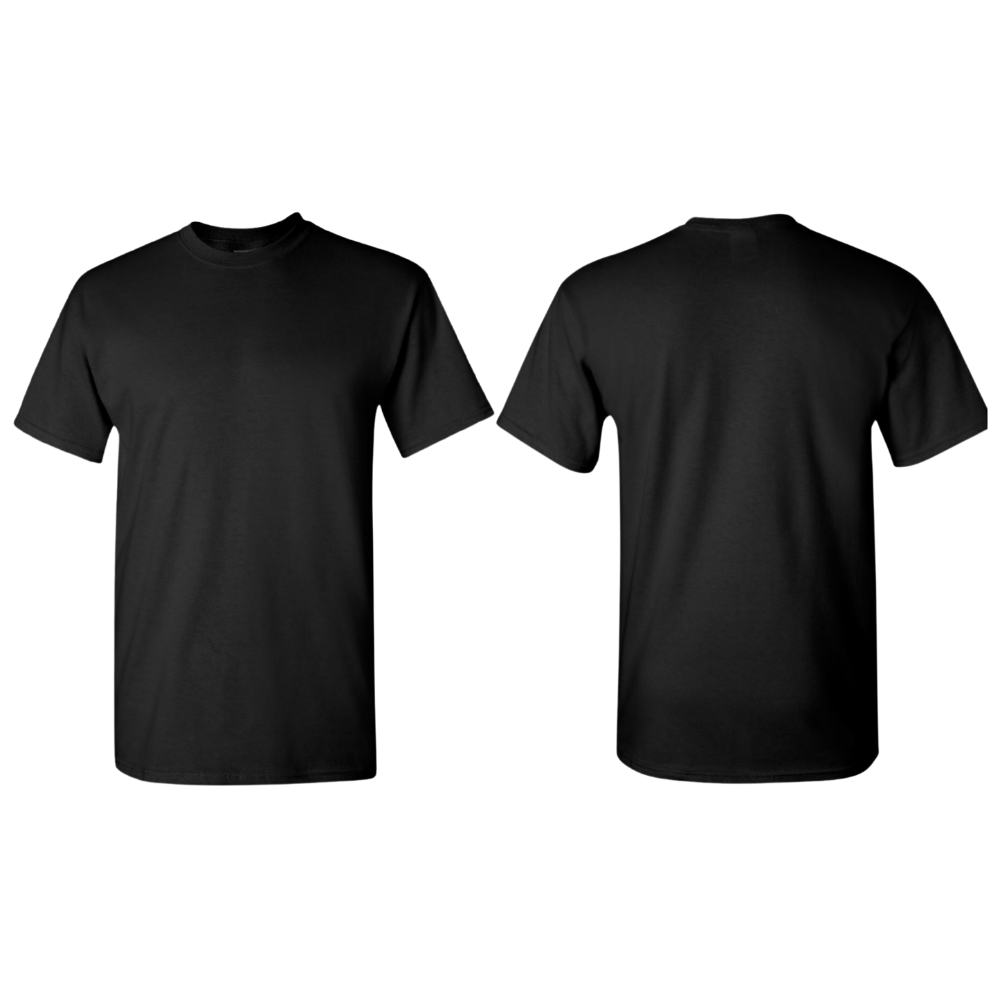 Black t-shirt shown from front and back on a white background