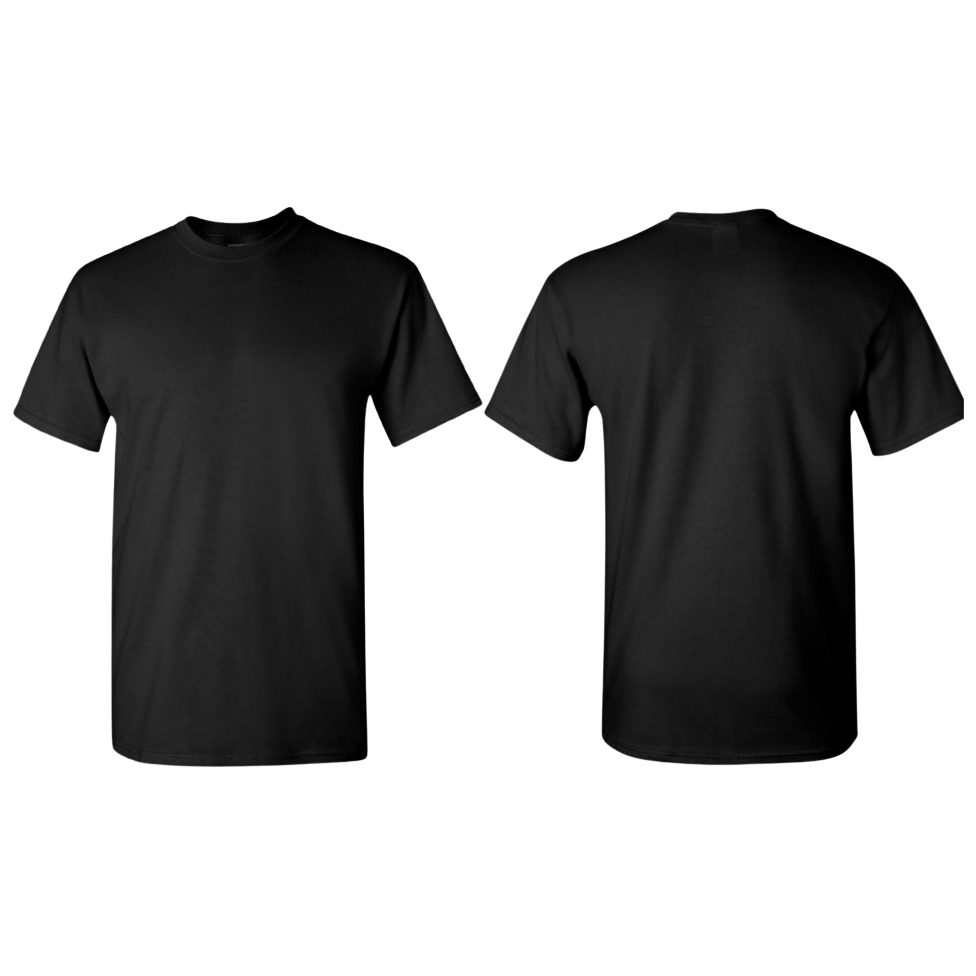 Black t-shirt shown from front and back on a white background