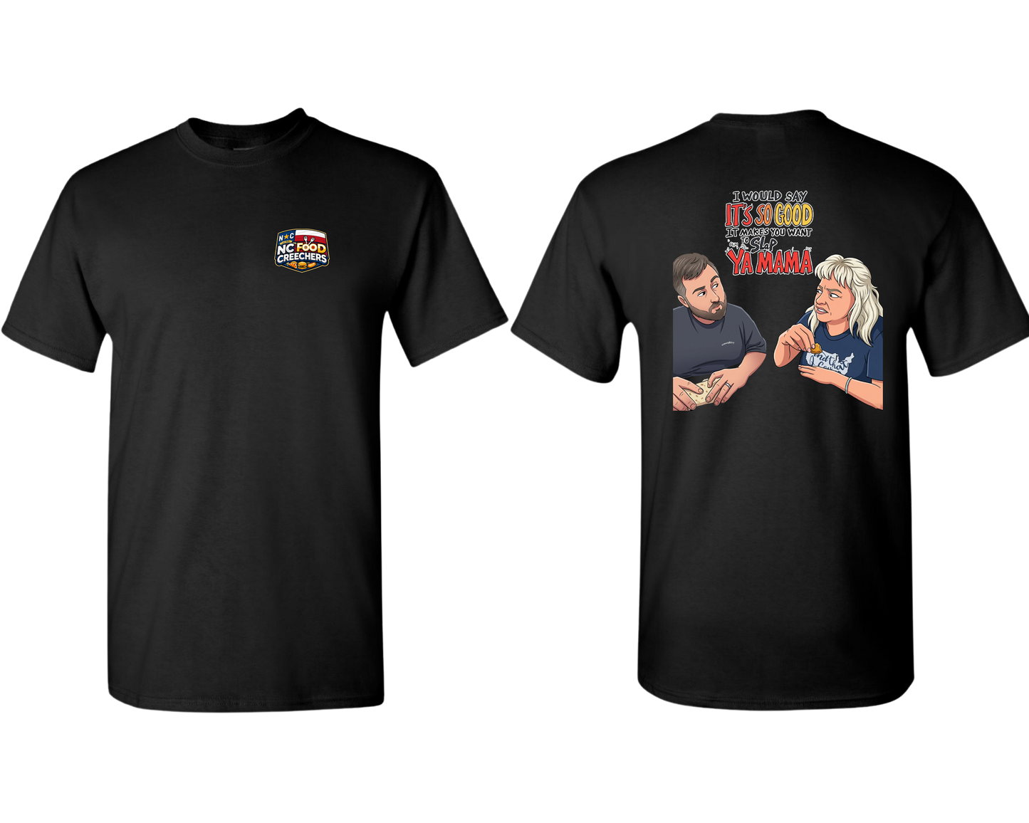 Black t-shirt with graphic design on front and text on back, displayed on a white background.