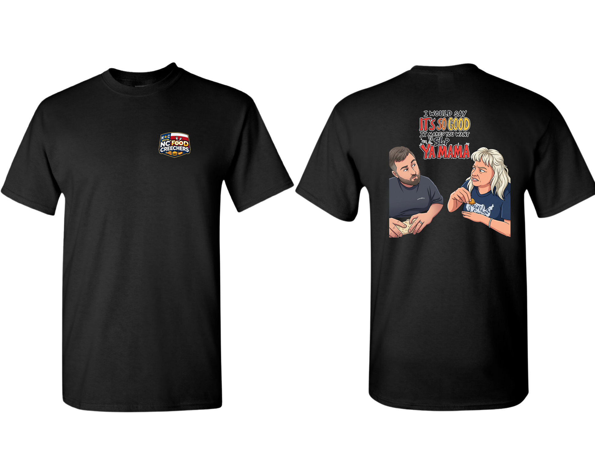 Black t-shirt with graphic design on front and text on back, displayed on a white background.