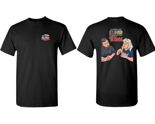 Black t-shirt with graphic design on front and text on back, displayed on a white background.