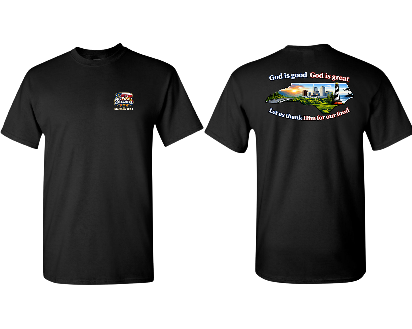  black t-shirt with different designs on the front and back on a white background