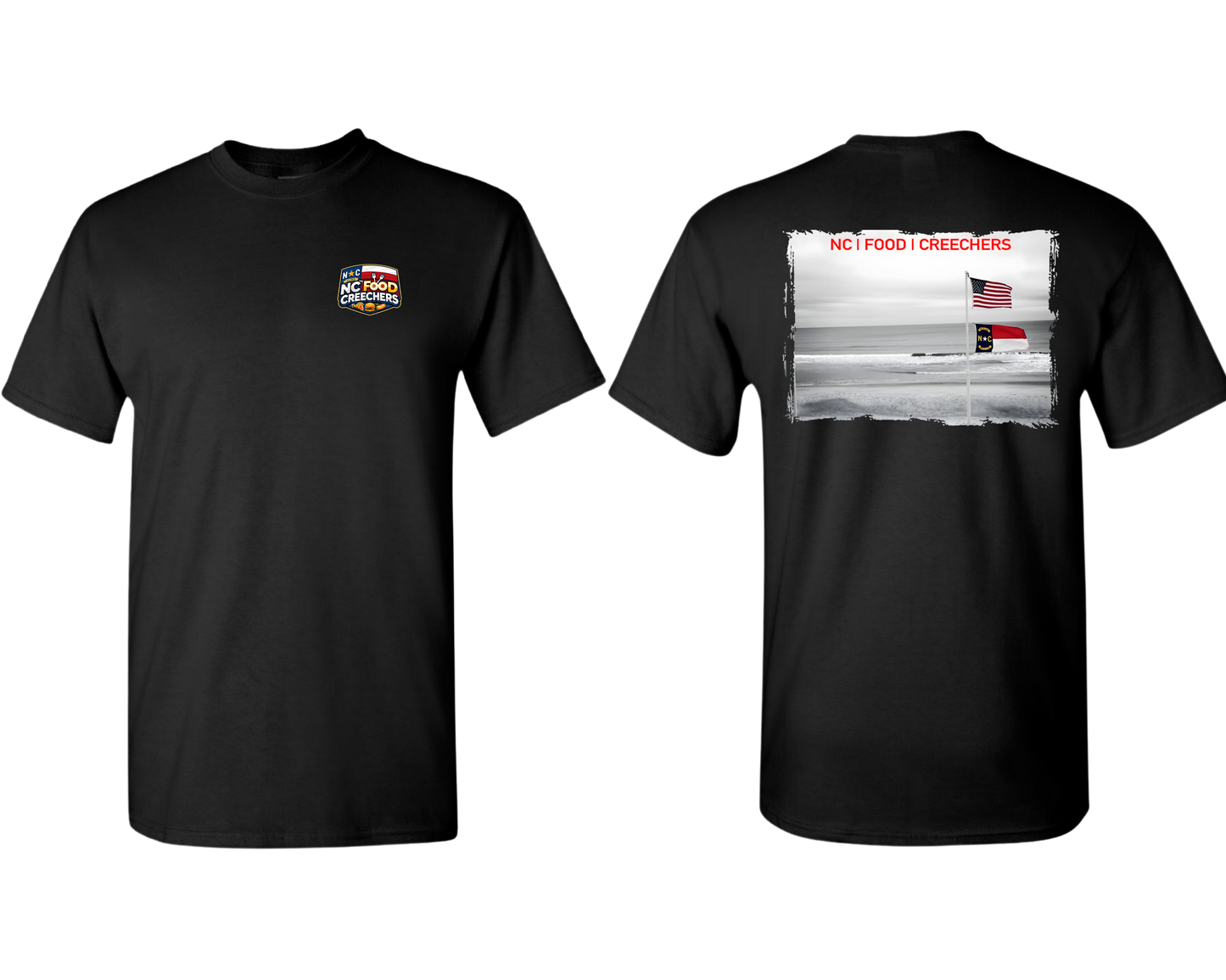 Black t-shirt with a logo on the left chest and a graphic design on the back, displayed against a white background.