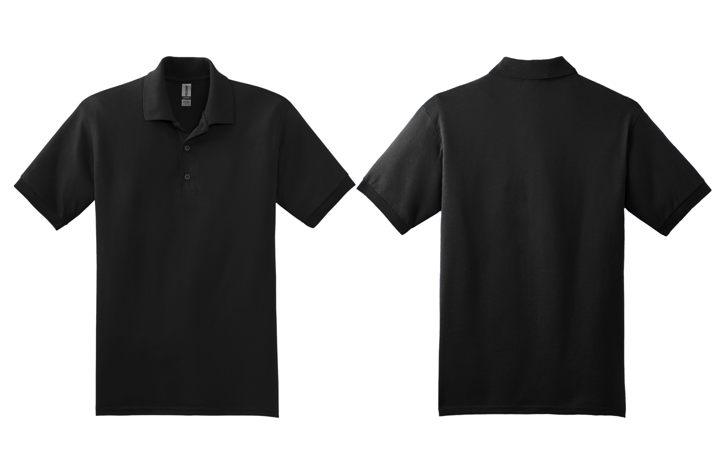 Black polo shirt shown from front and back on a white background