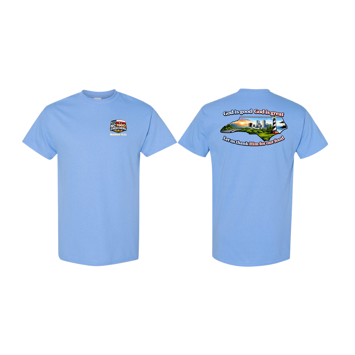 Carolina blue t-shirt with a graphic design on the front and text on the back, displayed on a white background.