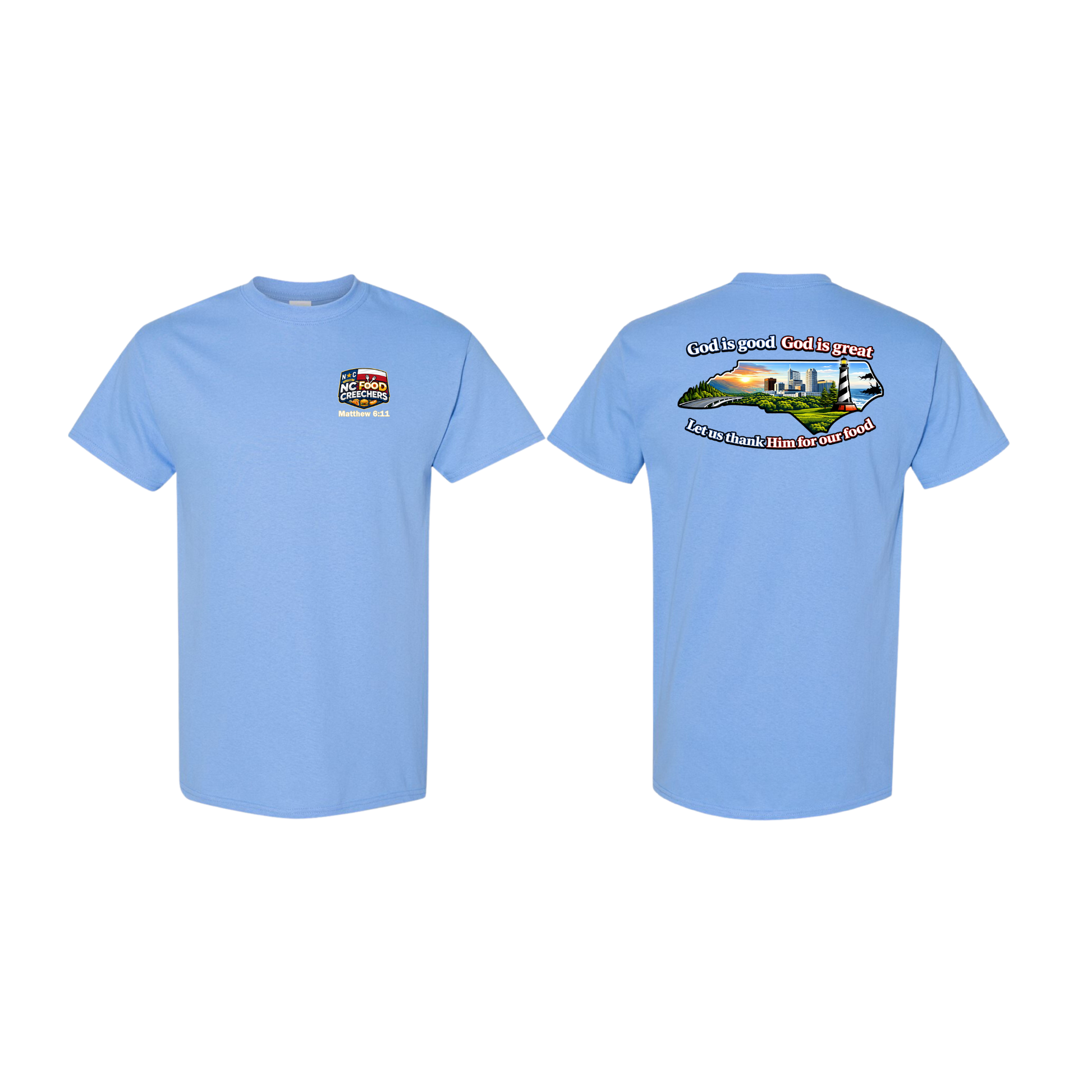 Carolina blue t-shirt with a graphic design on the front and text on the back, displayed on a white background.