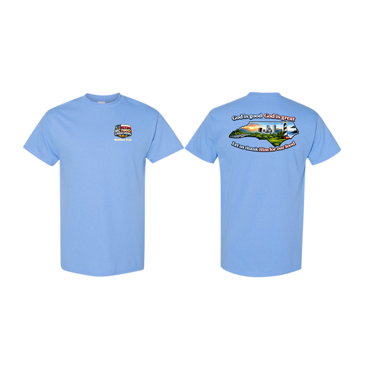 Carolina blue t-shirt with a graphic design on the front and text on the back, displayed on a white background.