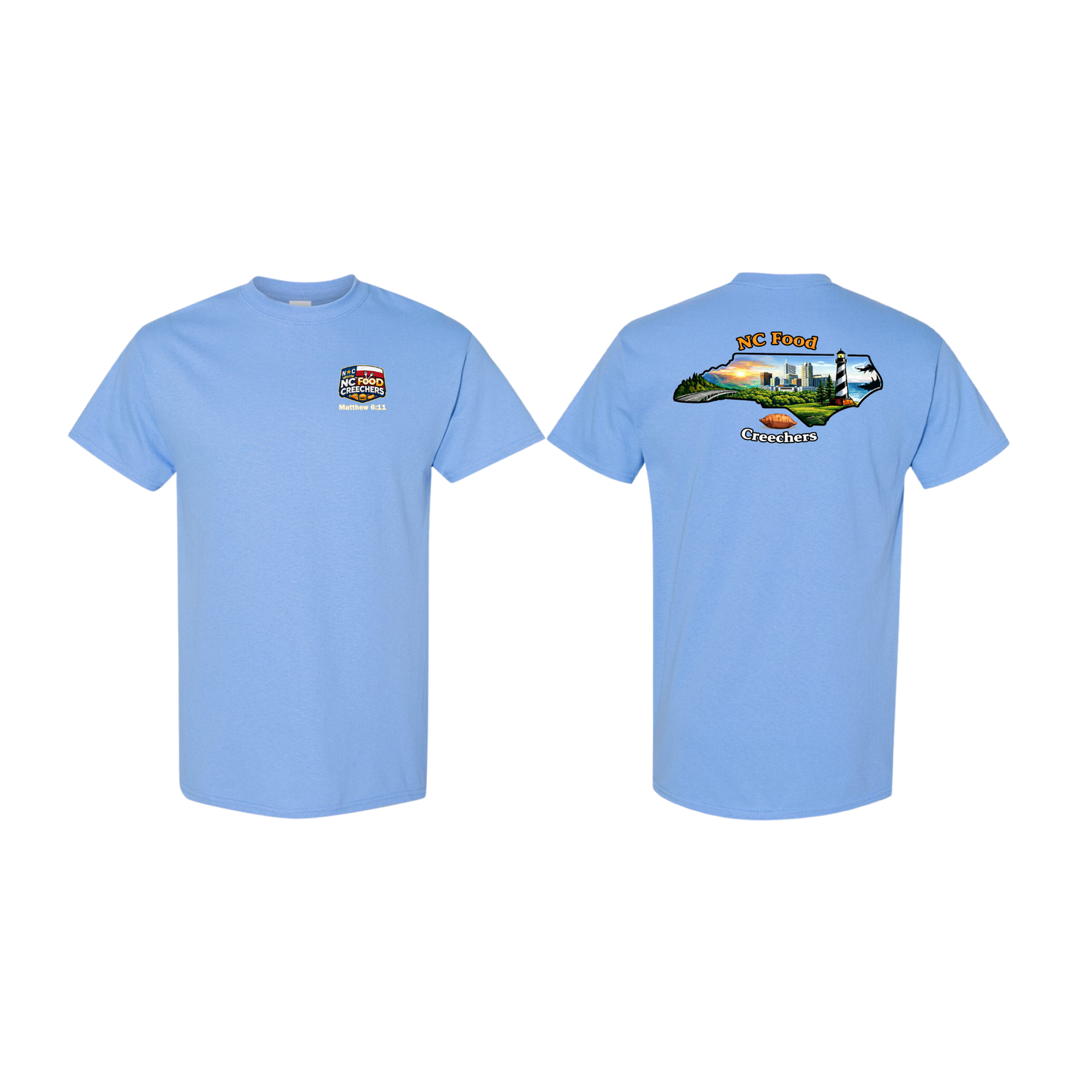 Carolina blue t-shirt with graphics on the front and back on a white background