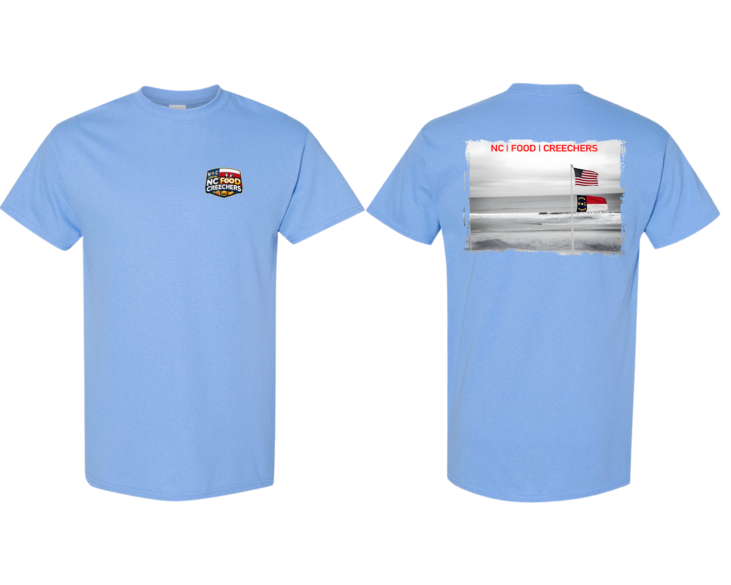 Carolina blue t-shirt with a graphic on the front and back on a white background