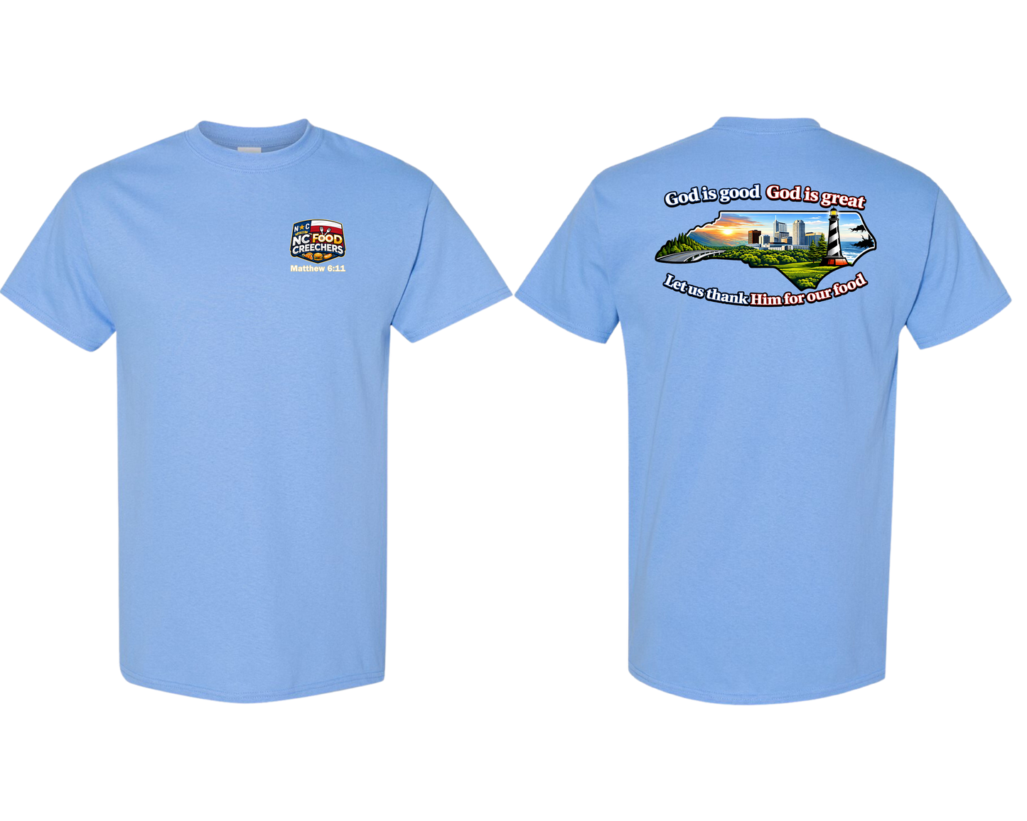 Carolina blue t-shirt with a graphic design on the front and text on the back, displayed on a white background.