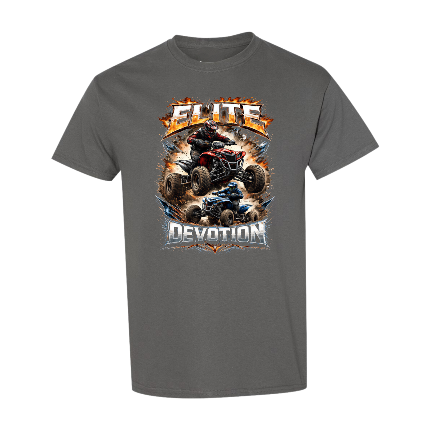Dark Gray t-shirt with ATV graphic and 'Elite Devotion' text on a white background