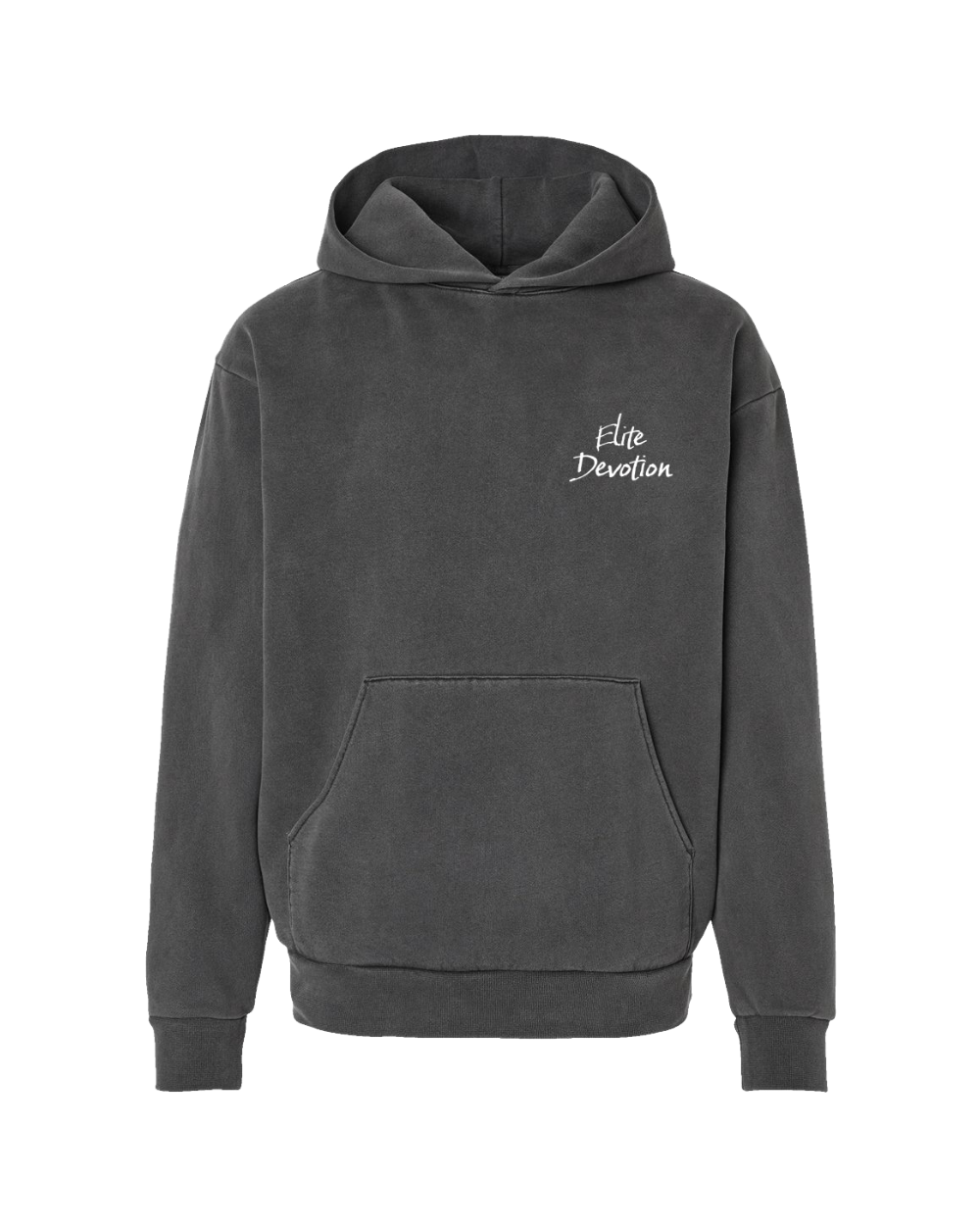 A acid washed hoodie featuring The design includes the text 'Elite Devotion' at the top.