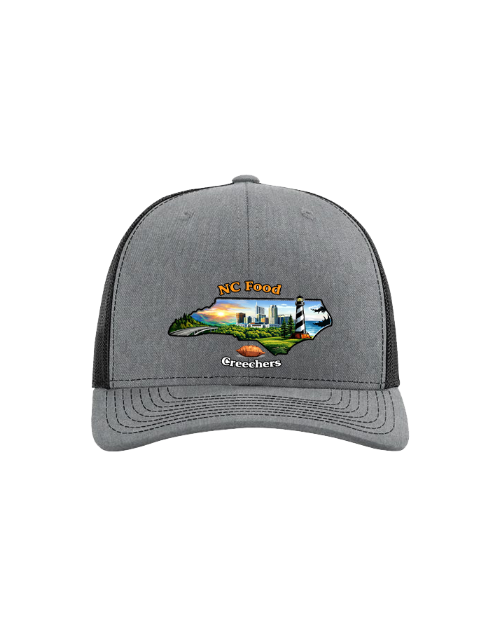 Gray cap with a colorful design of North Carolina on a white background