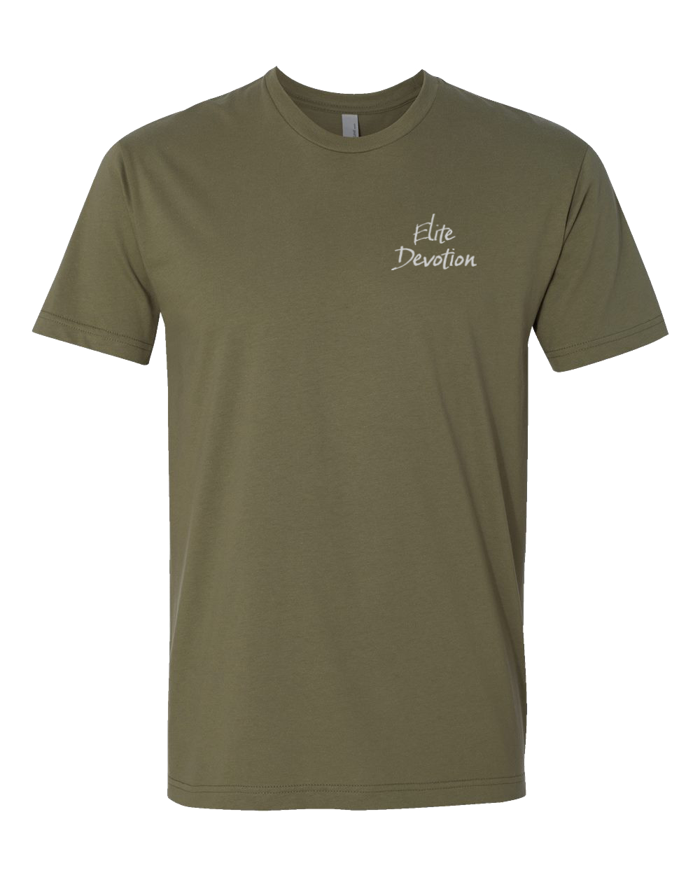 An olive green crewneck t-shirt with 'Elite Devotion' printed in white script on the left chest, displayed on a clean white background.