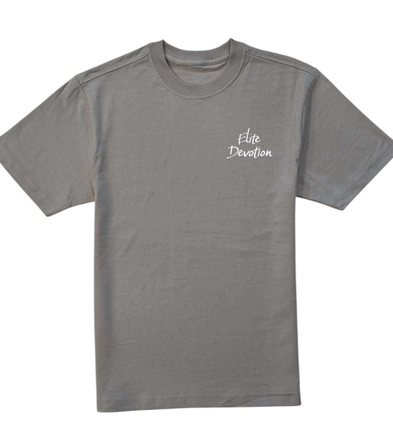 Gray t-shirt with 'Elite Devotion' text on a white background