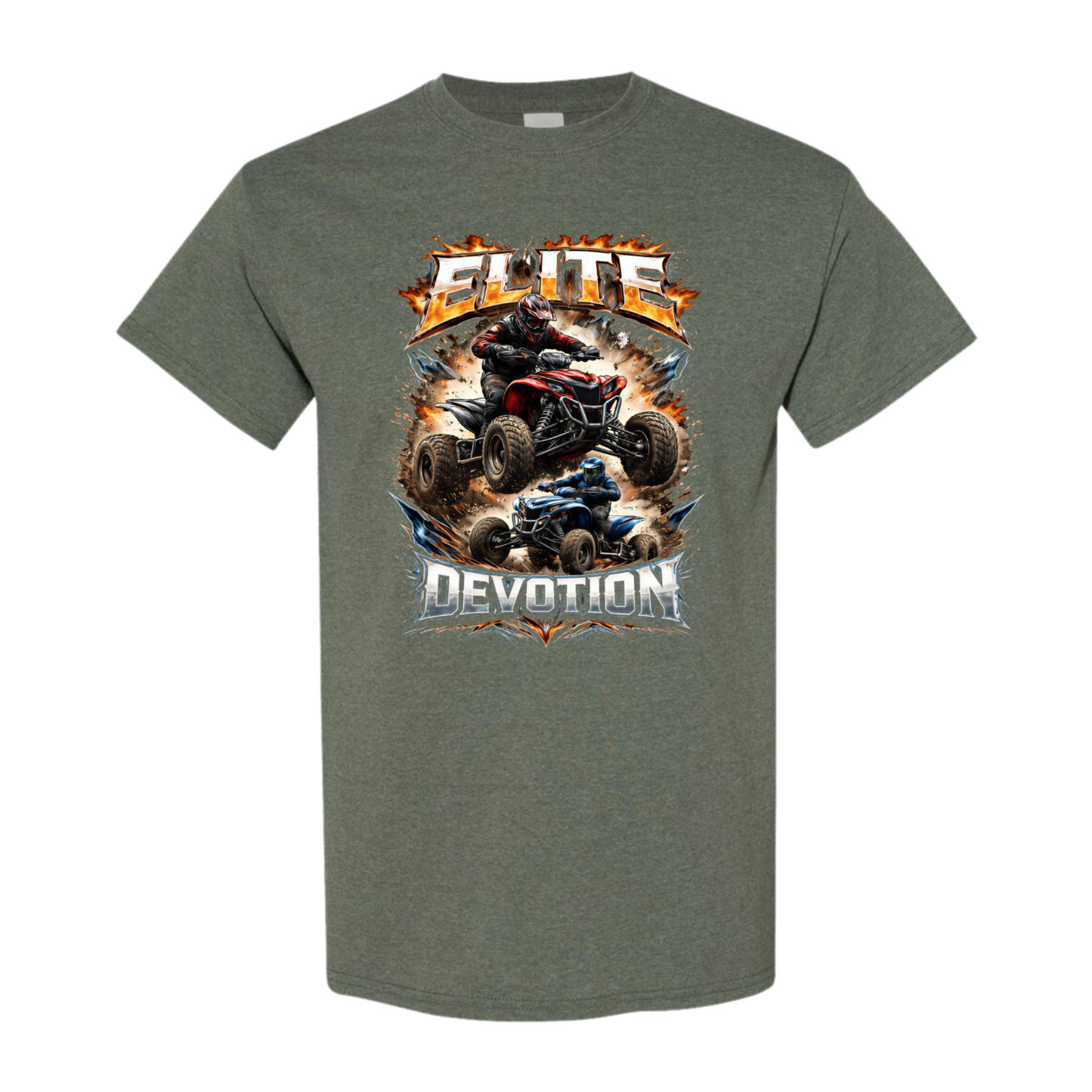 Military greent-shirt with ATV graphic and 'Elite Devotion' text on a white background