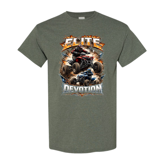 Military greent-shirt with ATV graphic and 'Elite Devotion' text on a white background