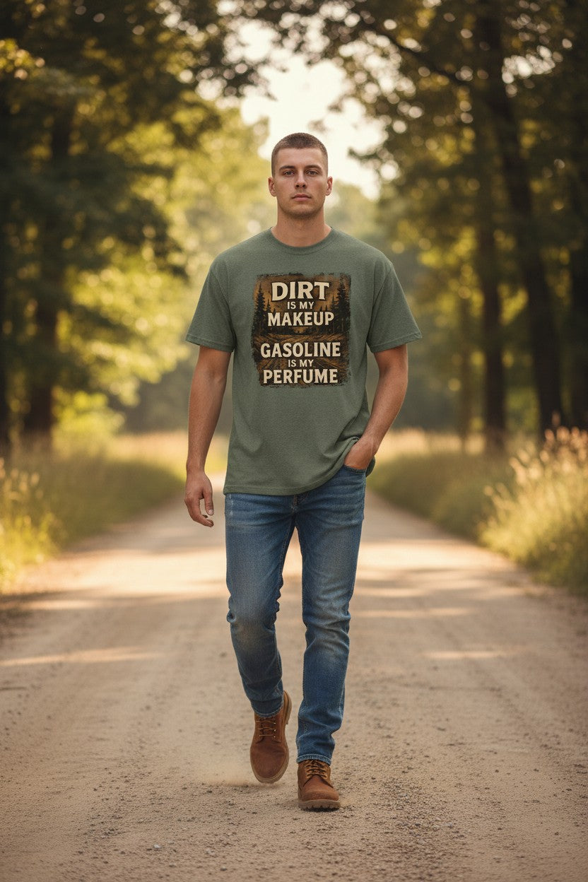Man walking on a dirt road wearing a green t-shirt with text.