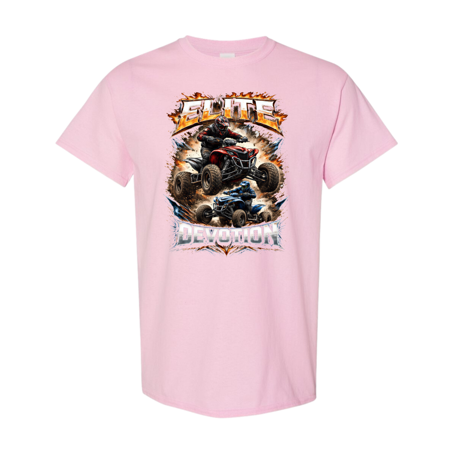 Pink t-shirt with graphic of a four-wheeler and text on a white background