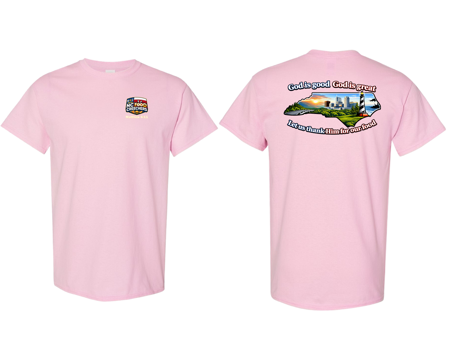 Pink t-shirt with graphics and text on a white background