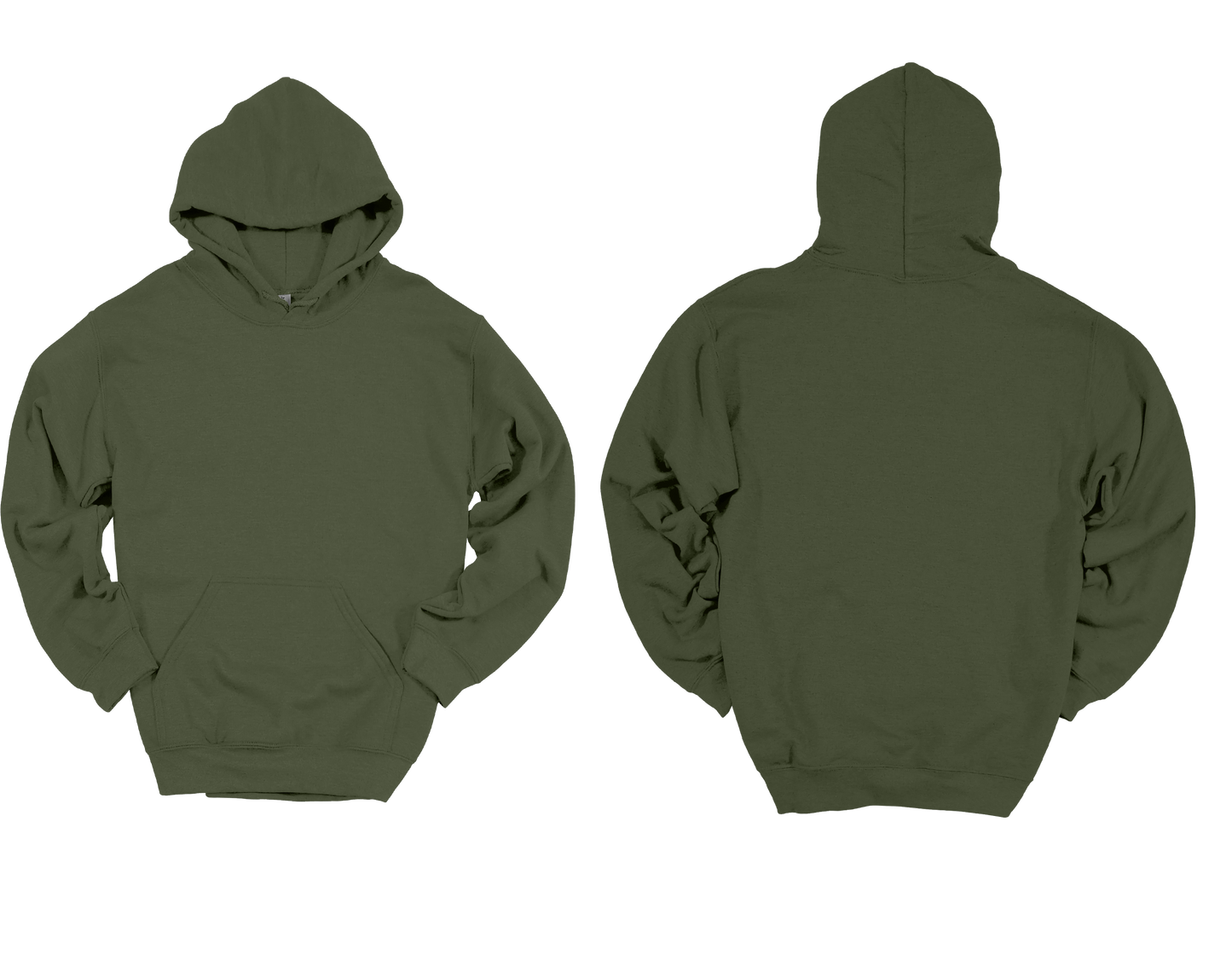 Military Green hoodie shown from front and back on a white background