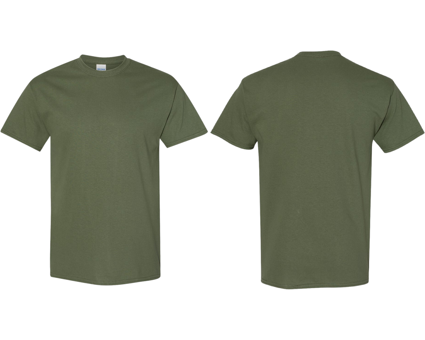 Milirary Green t-shirt shown from front and back on a transparent background