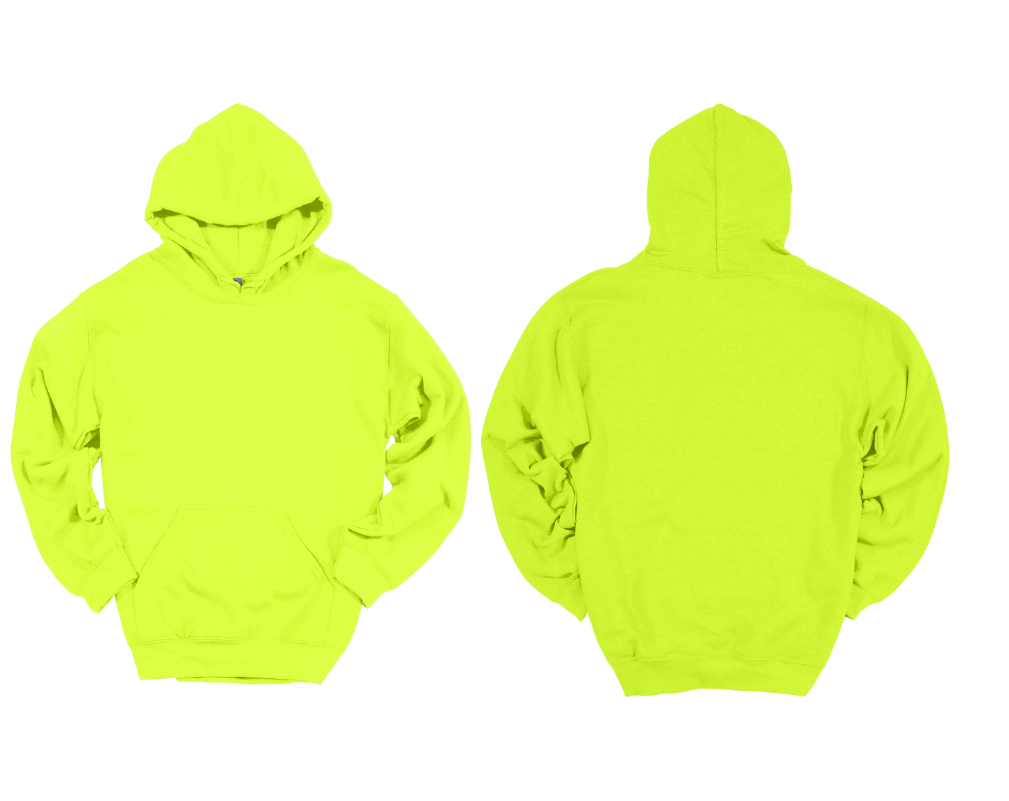 safety green hoodie shown from front and back on a white background