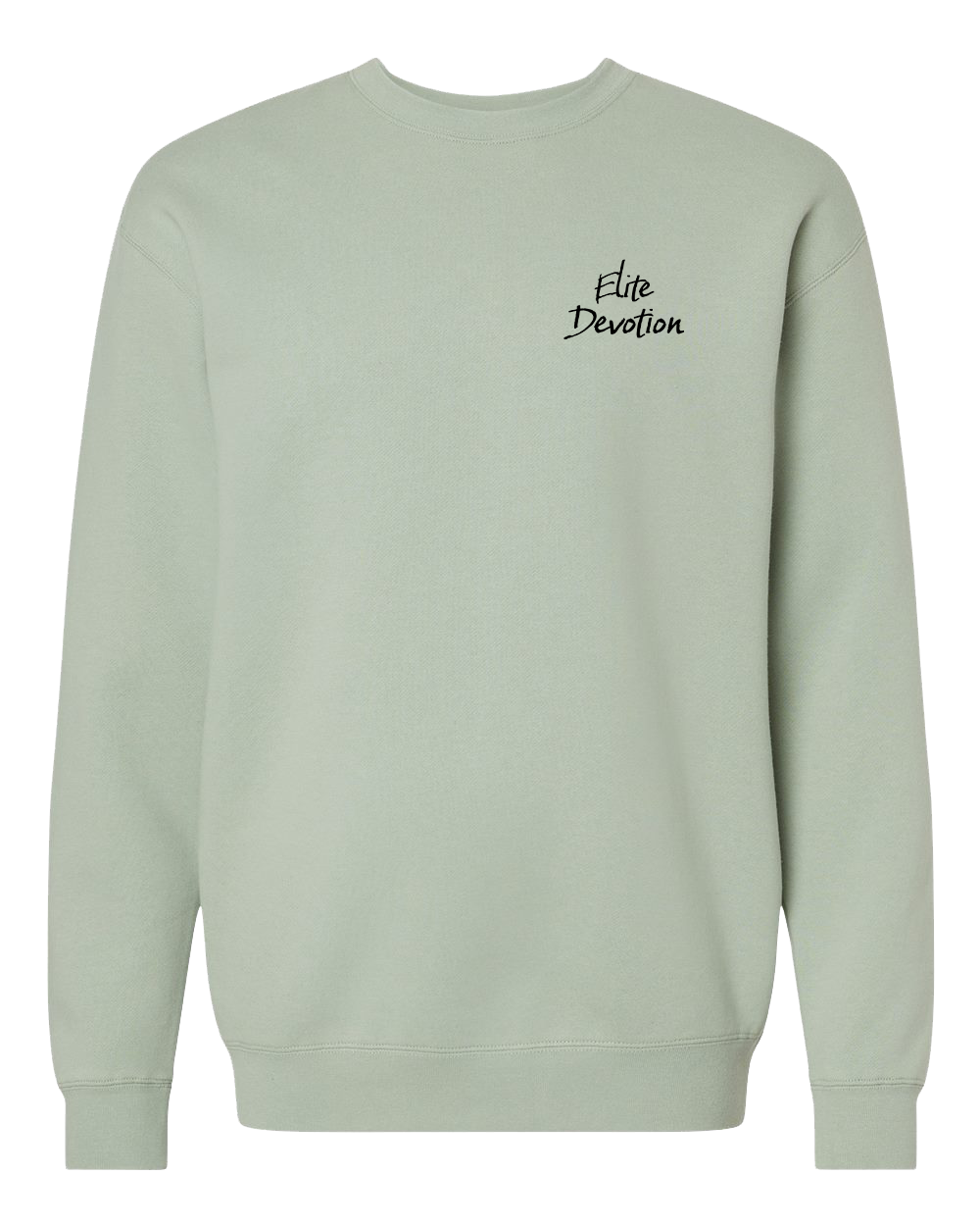 A sage green crewneck sweatshirt with 'Elite Devotion' printed in black script on the left chest, displayed on a clean white background.