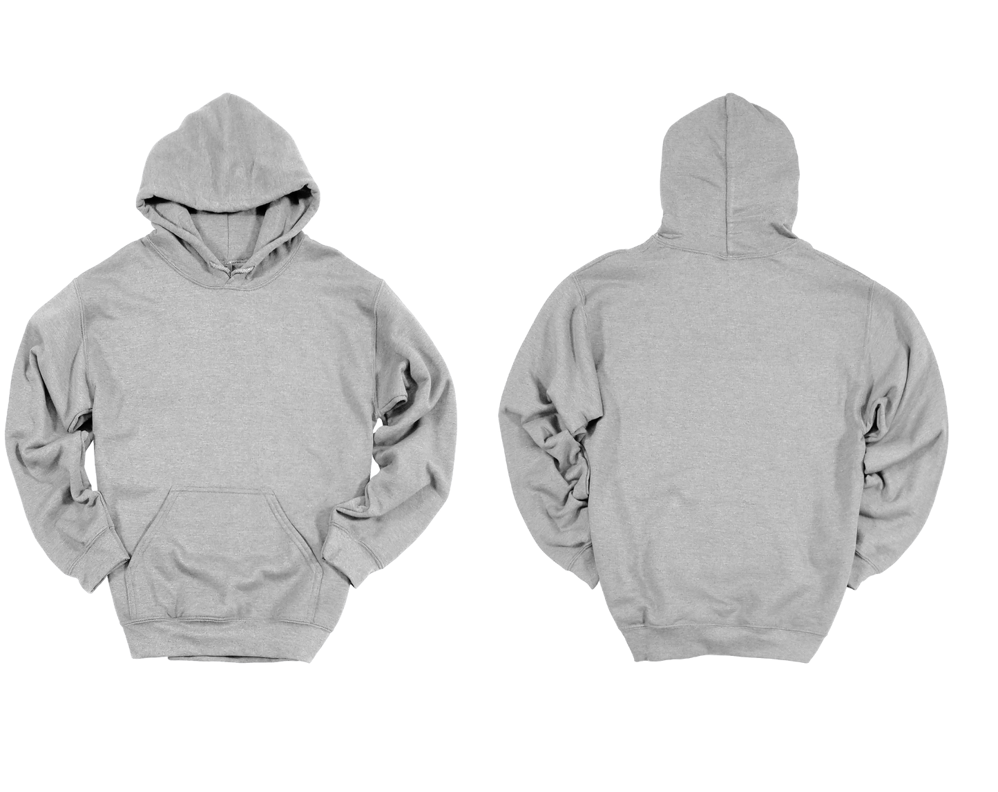 Gray hoodie shown from front and back on a white background