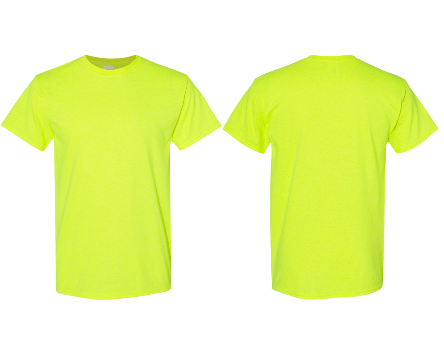 Safety green t-shirt shown from front and back on a transparent background