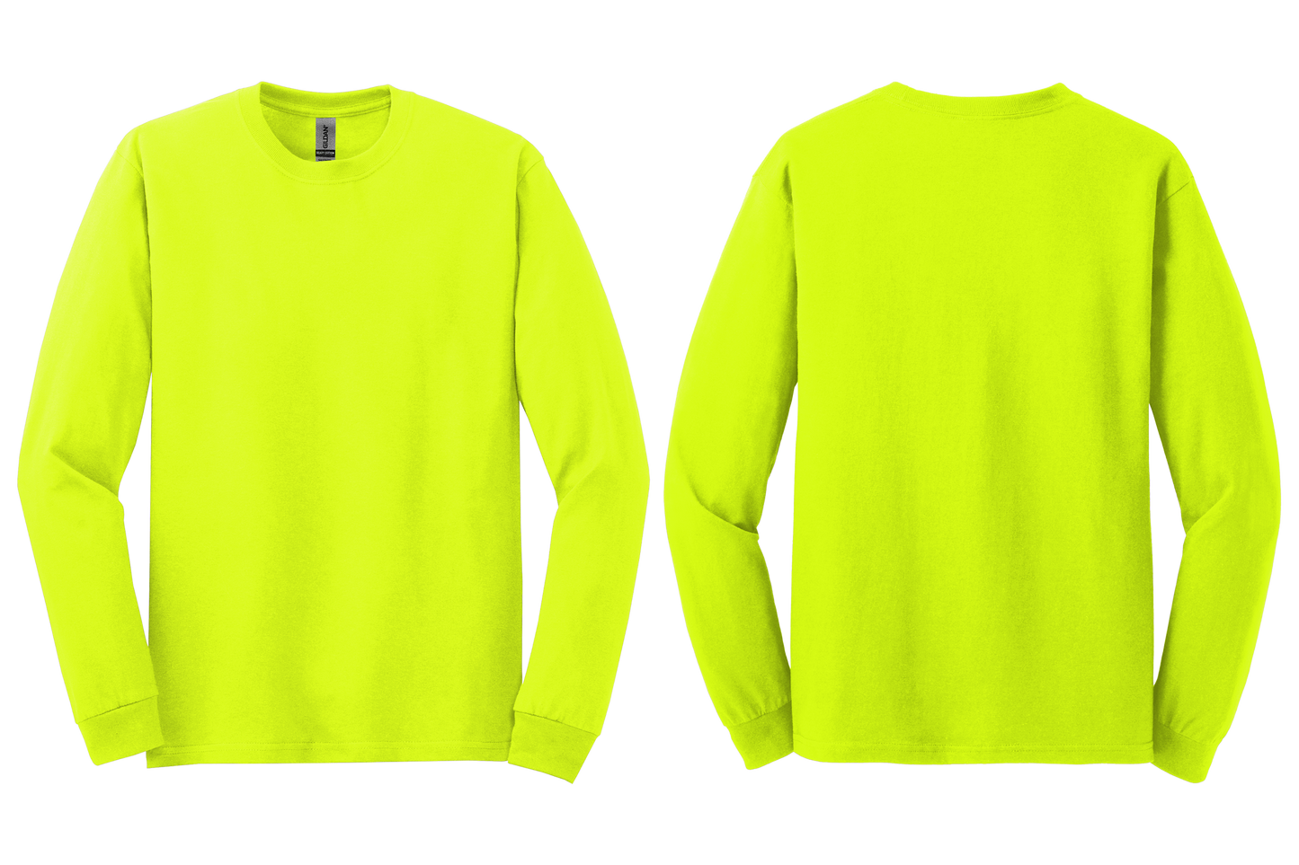 
Safety green long-sleeve shirt shown from front and back on a transparent background