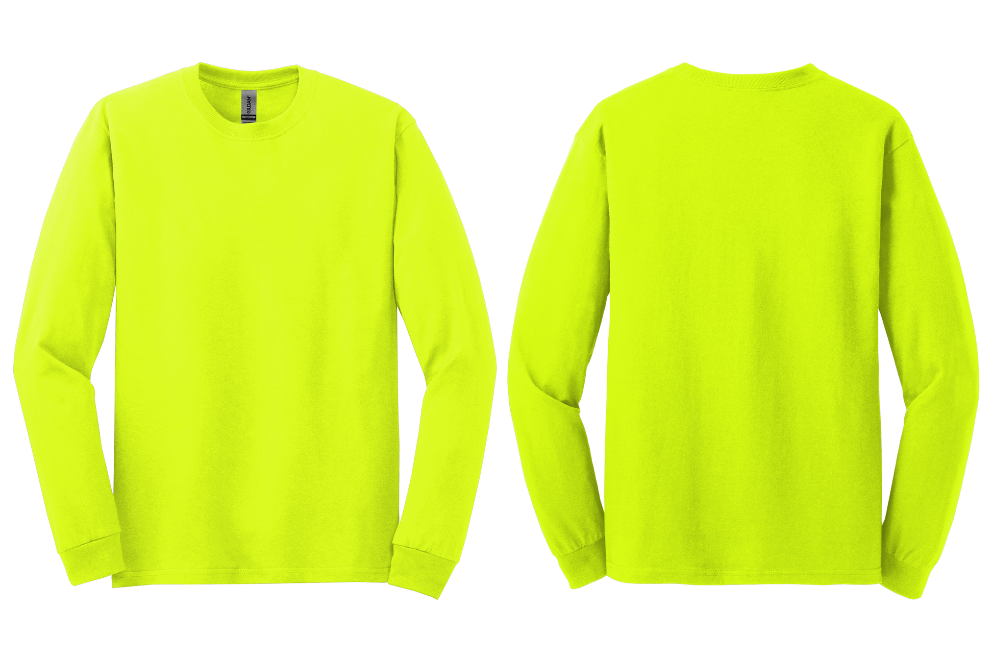 
Safety green long-sleeve shirt shown from front and back on a transparent background