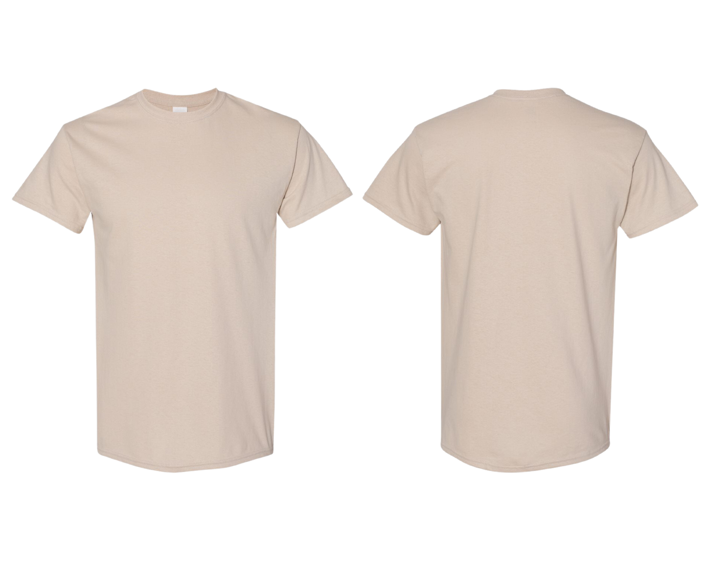 Sand colored t-shirt shown from front and back on a white background
