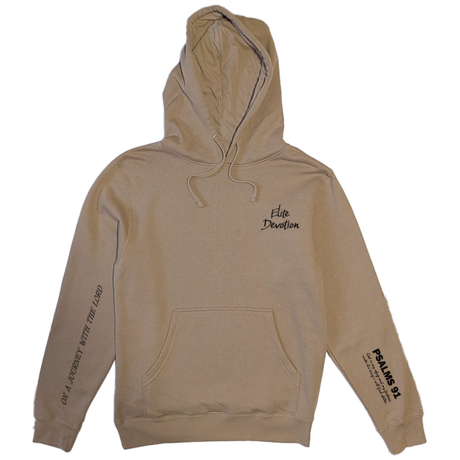 Tan hoodie with text on sleeves and chest on a white background