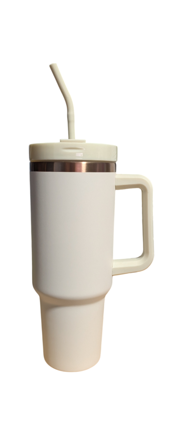 White travel mug with handle and straw on a white background