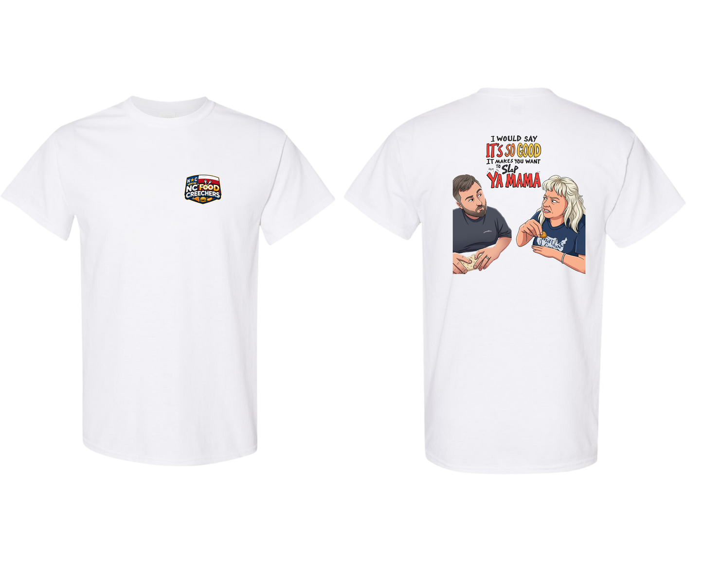 White t-shirt with graphic design on front and back, featuring a cartoon character and text.