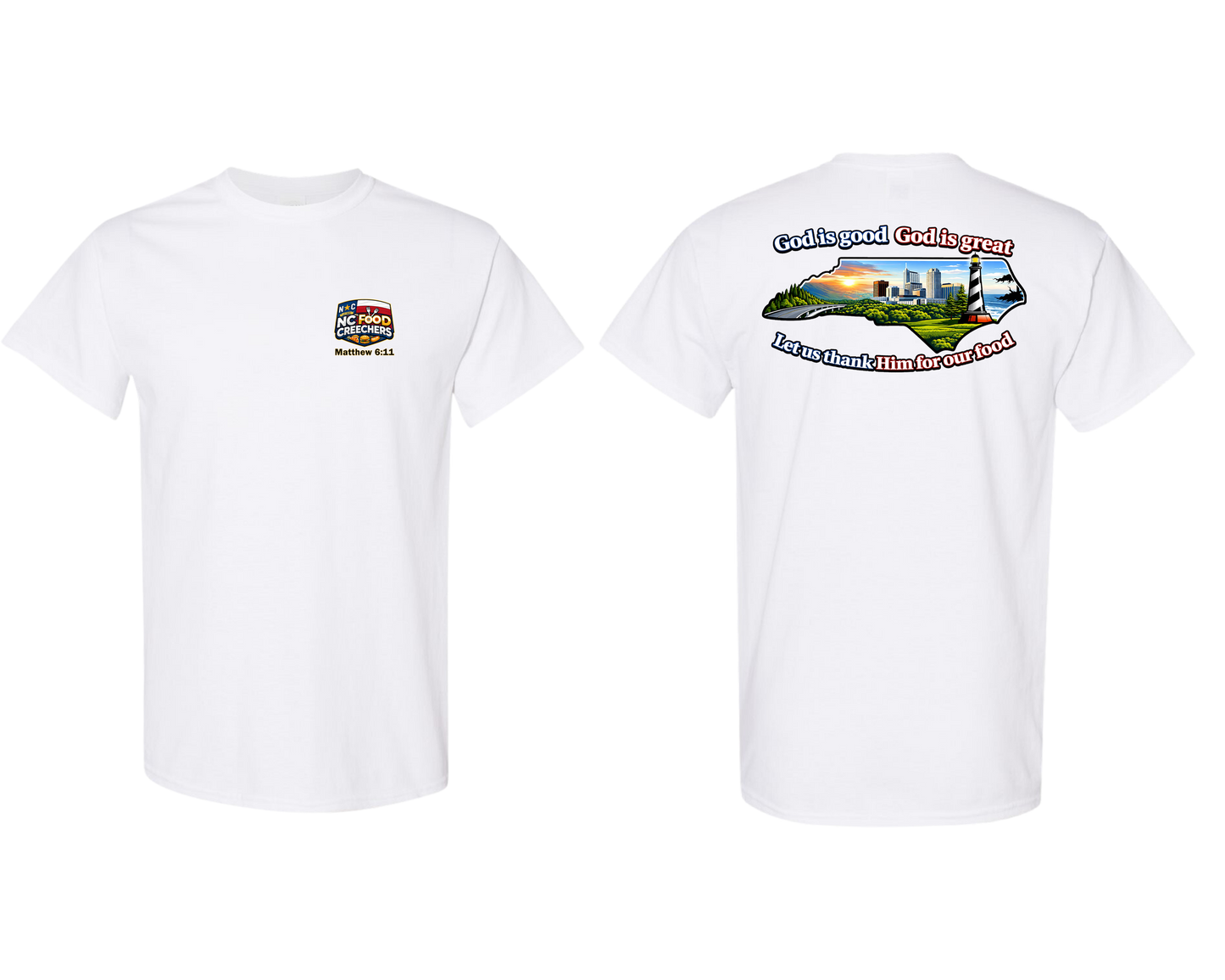 White t-shirt with graphics and text on a white background
