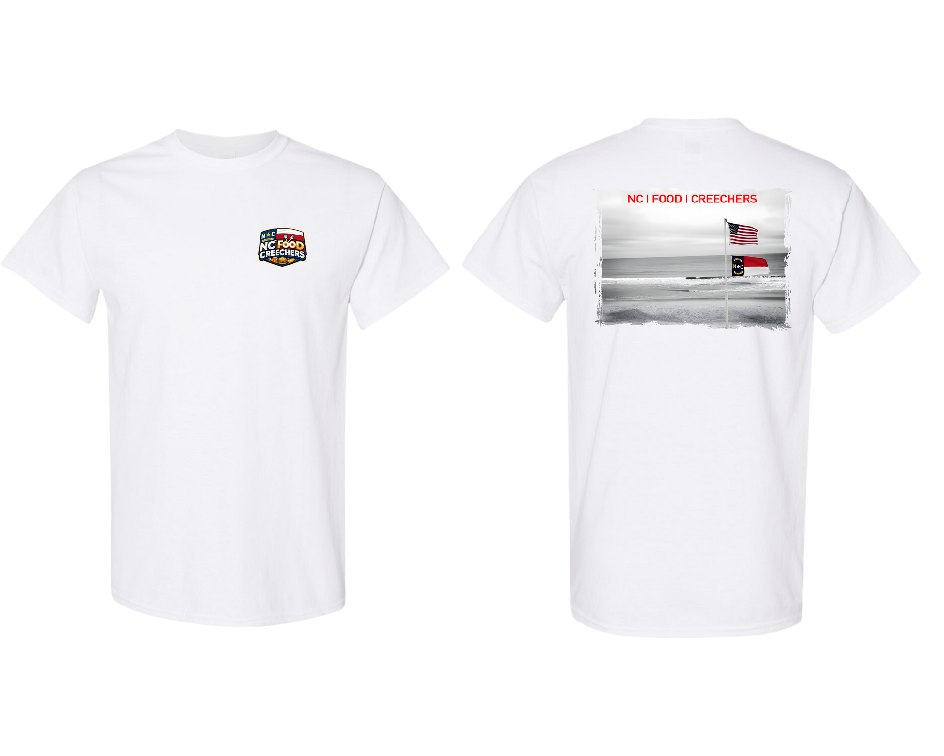 White t-shirt with graphics on the front and back on a white background
